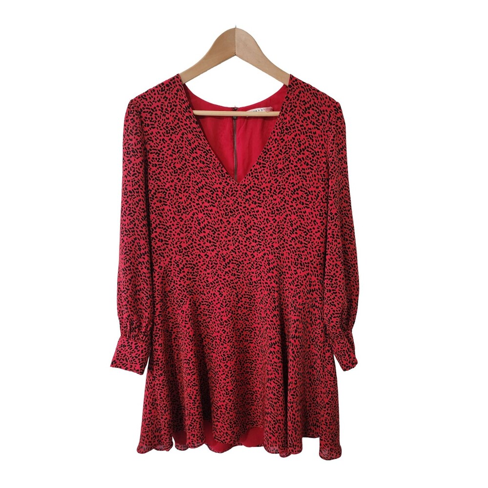 Alice + Olivia Polly Red Leopard Print Dress Sz 10 12 Long Sleeve Fit Flare